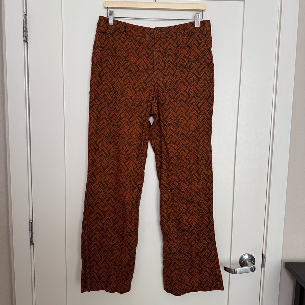 Garnet Hill Pants Womens Sz 8 Orange Rust 100% Linen Chevron Print Wide Leg Boho